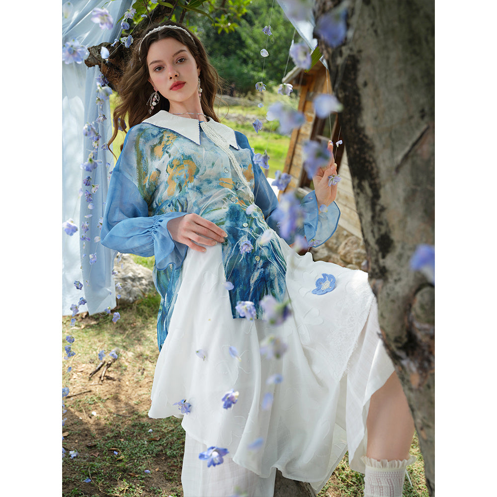 黄色と薄紫色のアイリスのブラウス