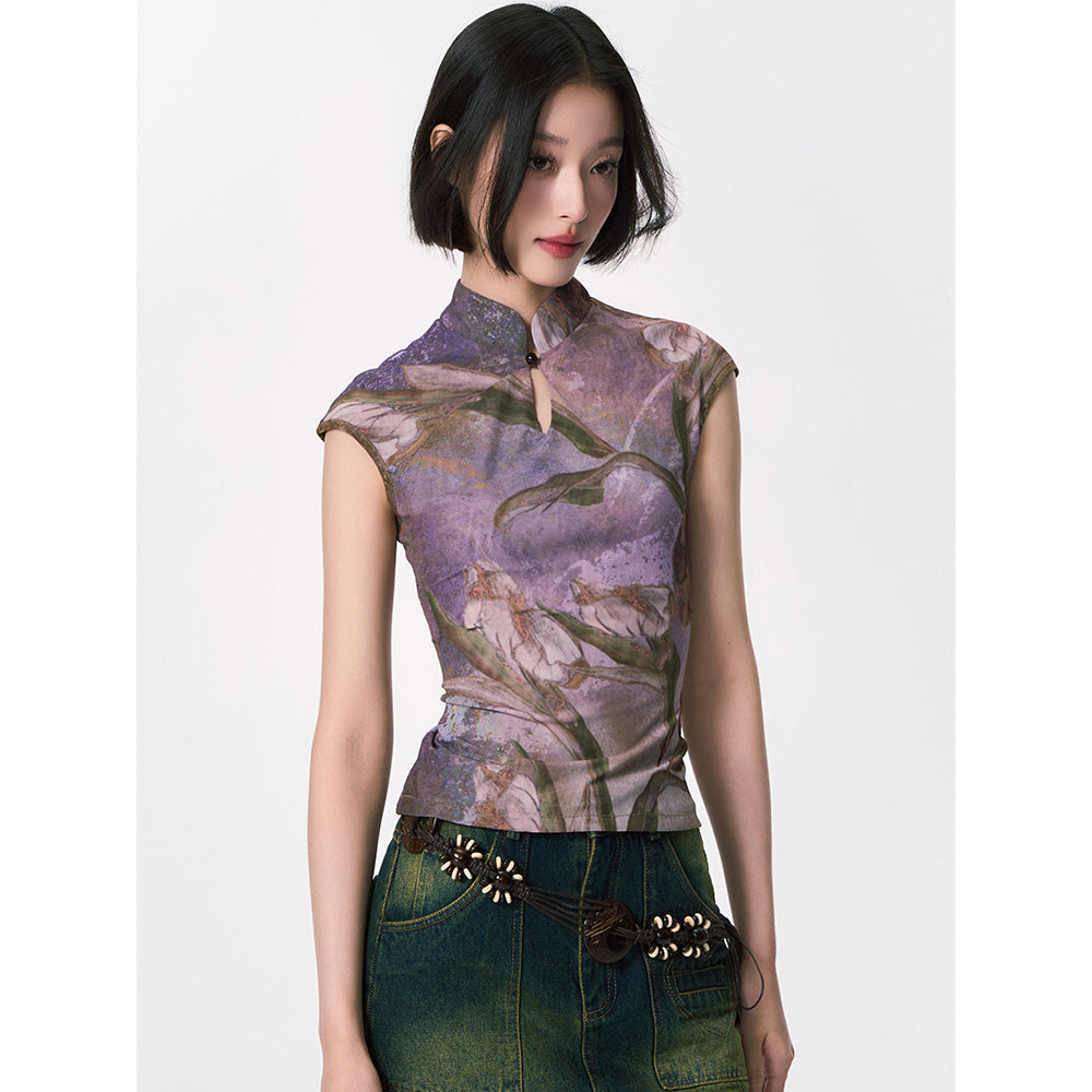 カラーリリーの水彩画チャイナトップス