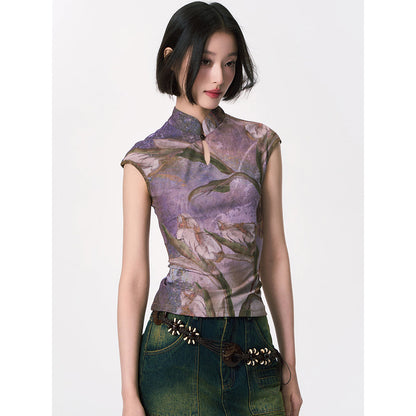 カラーリリーの水彩画チャイナトップス