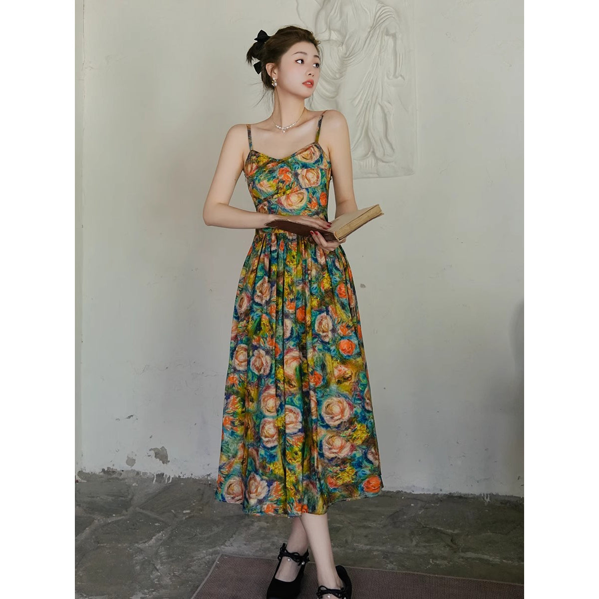 薔薇の花の油彩画キャミソールワンピース
