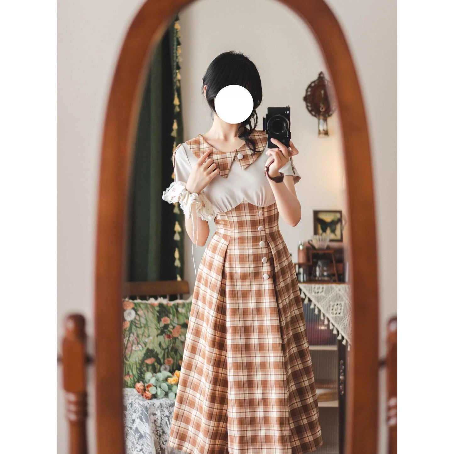 英国令嬢のレトロチェックワンピース - Light Brown