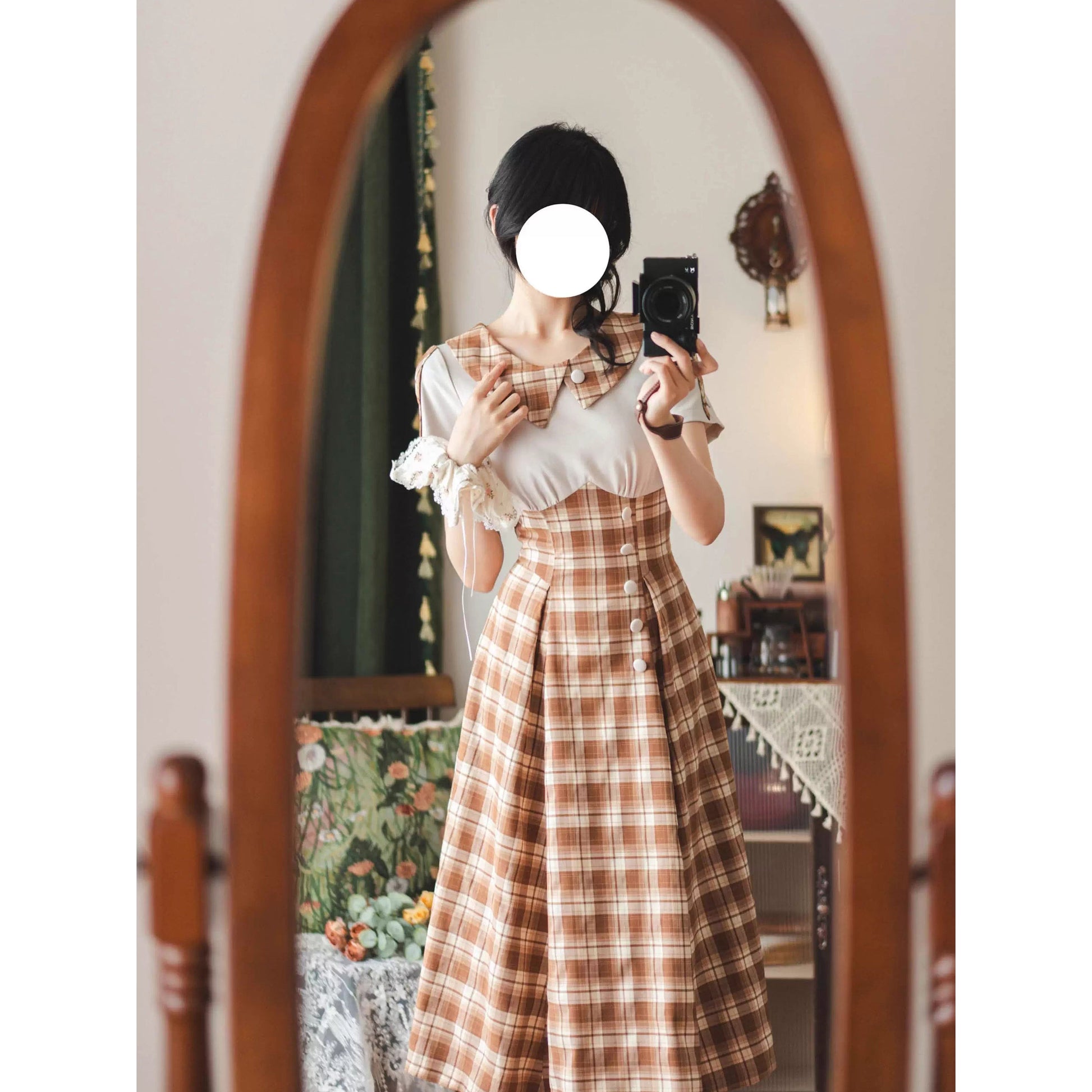 英国令嬢のレトロチェックワンピース - Light Brown