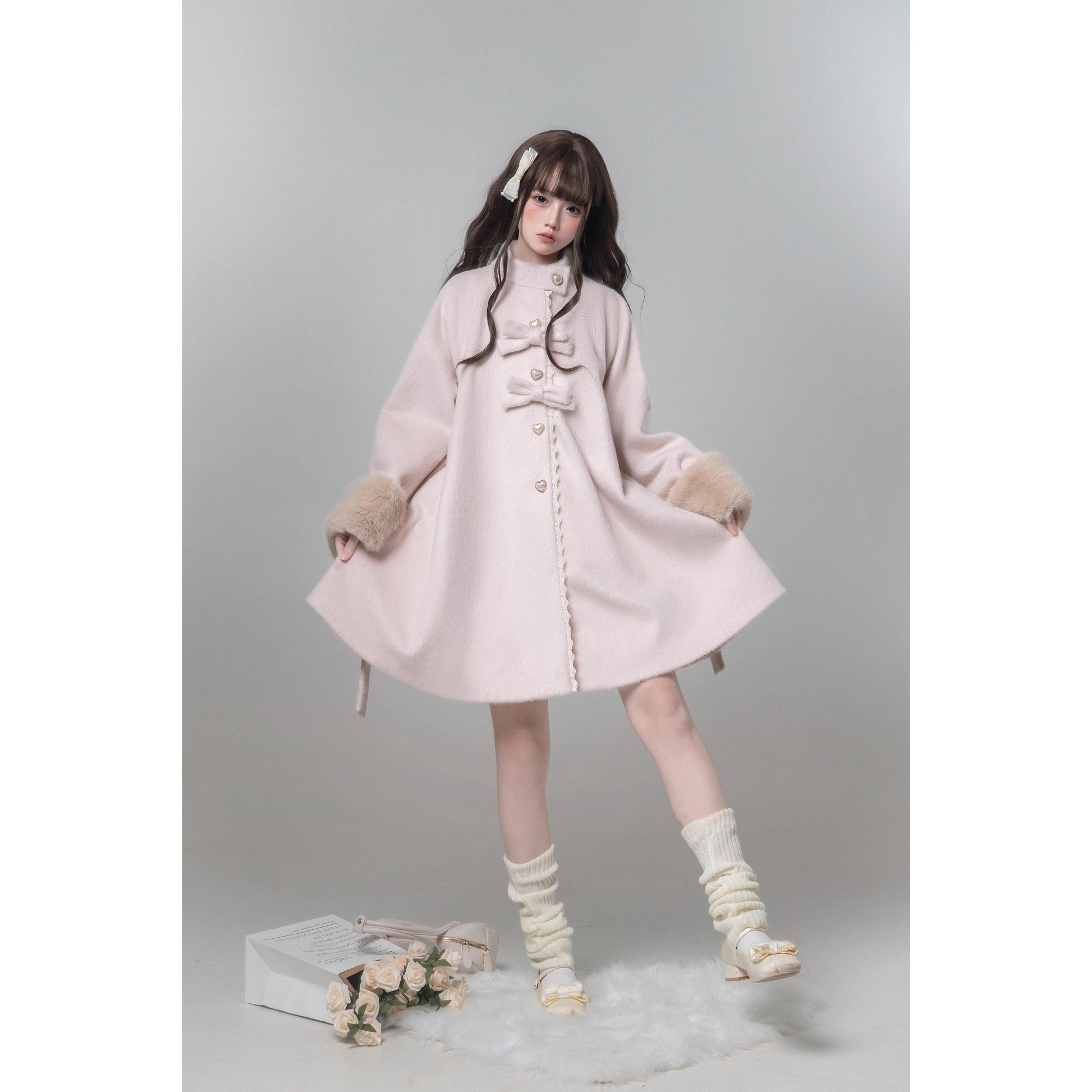 桜色のお嬢様のリボンファーウールコート