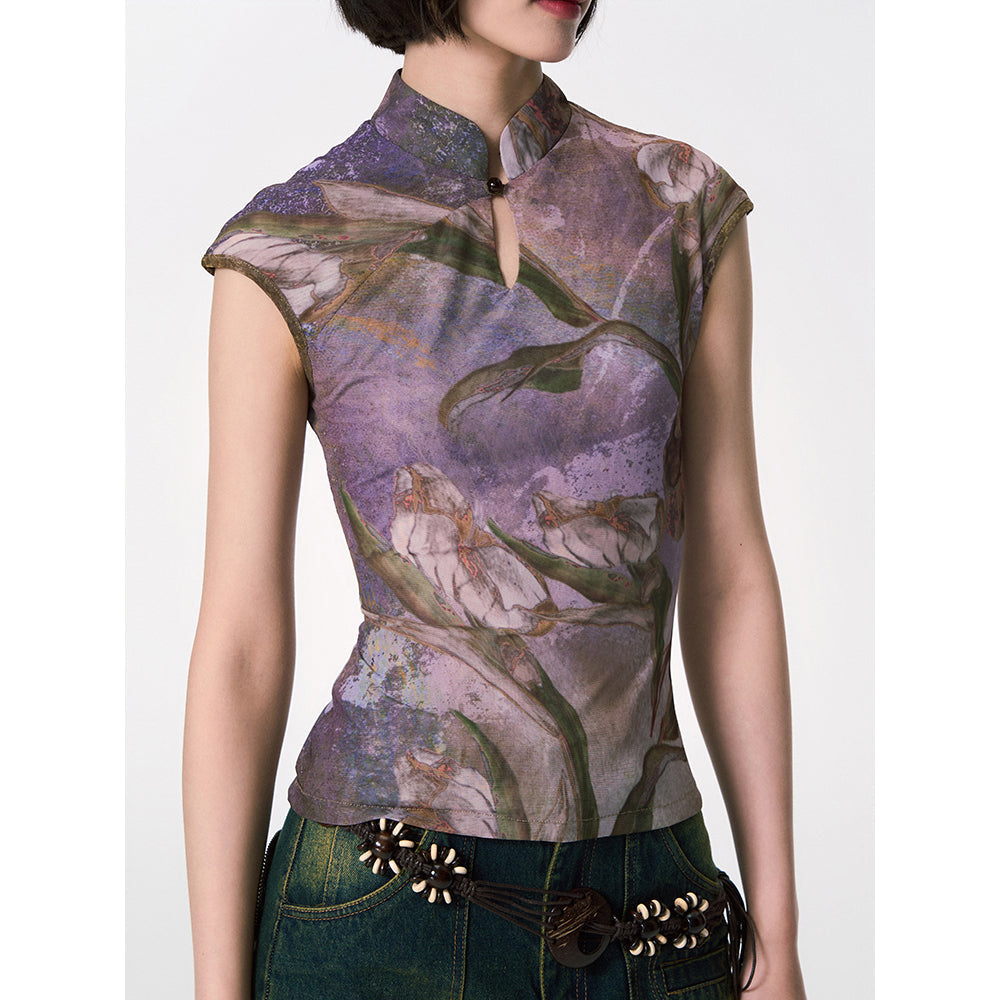 カラーリリーの水彩画チャイナトップス