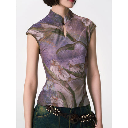 カラーリリーの水彩画チャイナトップス