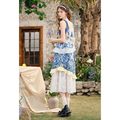 アイリスの花の油彩画ティアードワンピース