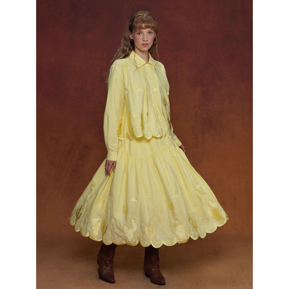 サボテンの刺繍ブラウスとスカート - Yellow