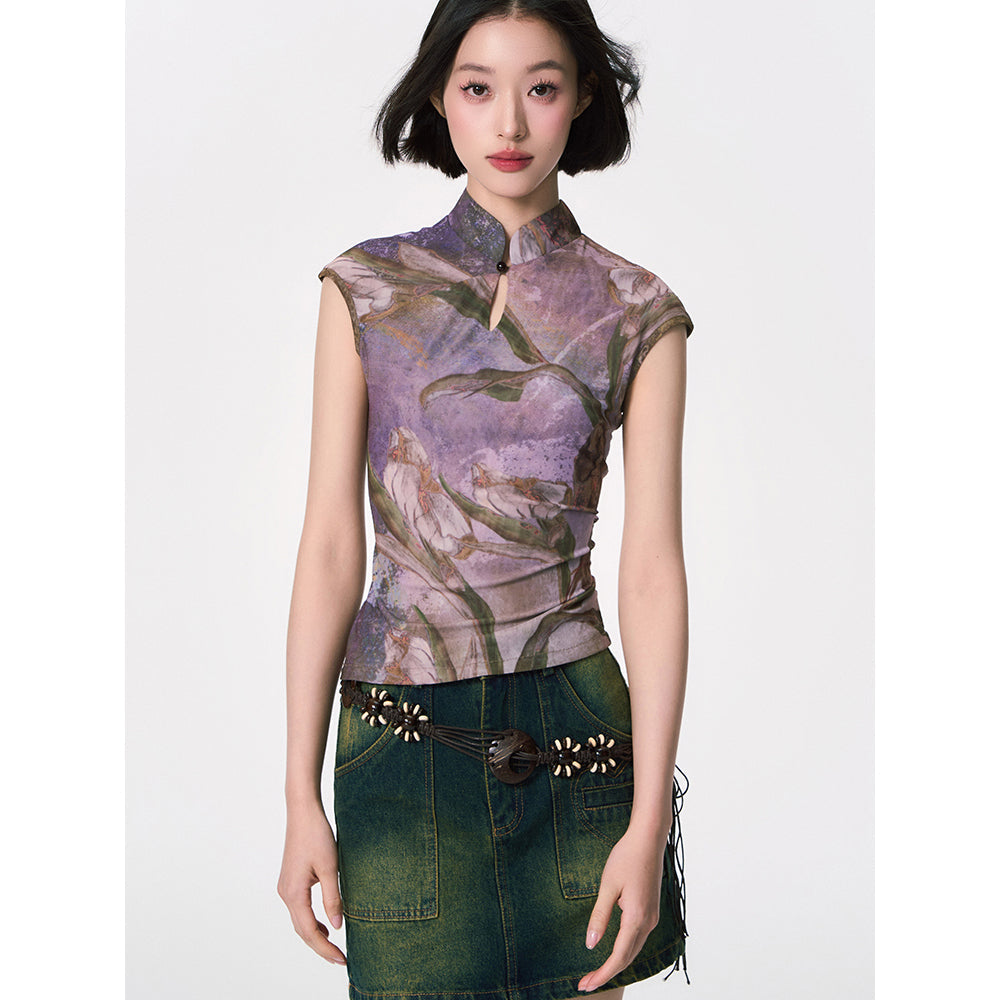 カラーリリーの水彩画チャイナトップス