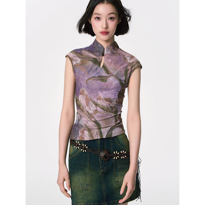 カラーリリーの水彩画チャイナトップス