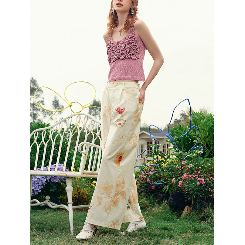 向日葵の花の描画ワイドパンツ