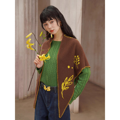 植物の刺繍ウールマフラー