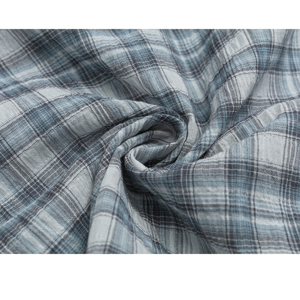 灰藍格子柄のフリルショートシャツ