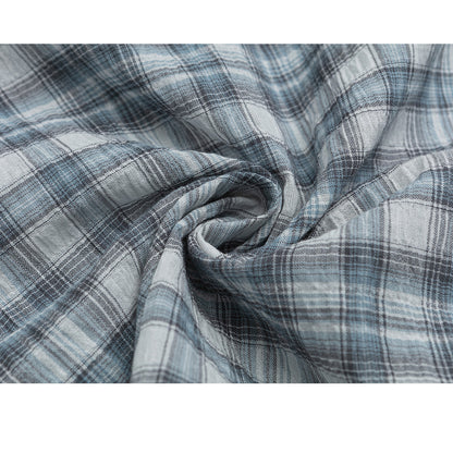 灰藍格子柄のフリルショートシャツ