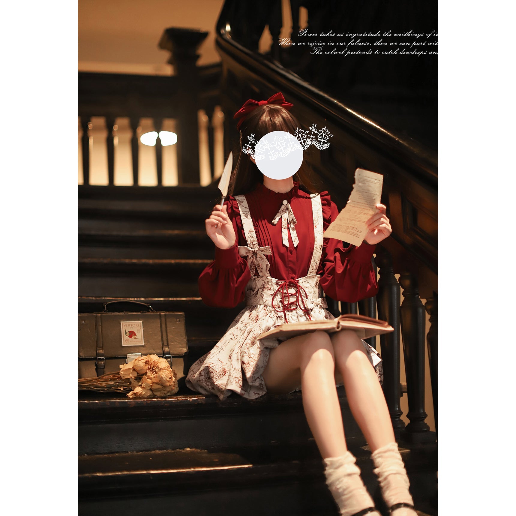 帆船と羅針盤の線画ストラップバルーンスカートとブラウス - Wine Red