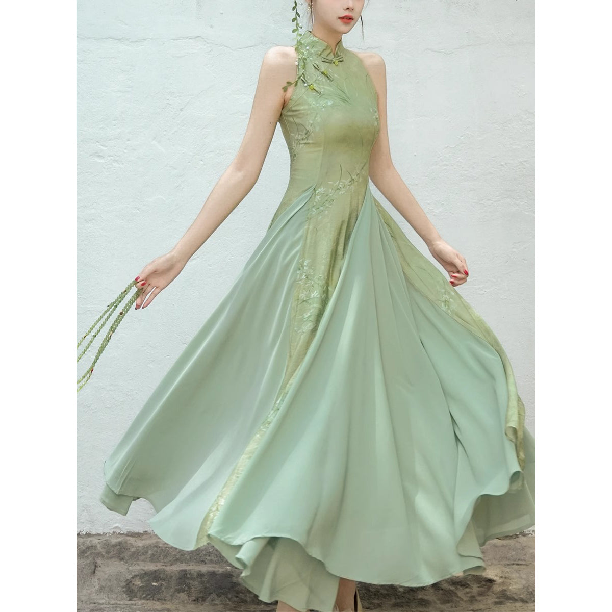 東洋蘭の花絵画チャイナワンピース