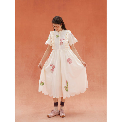 サボテンと花の刺繍レトロワンピース