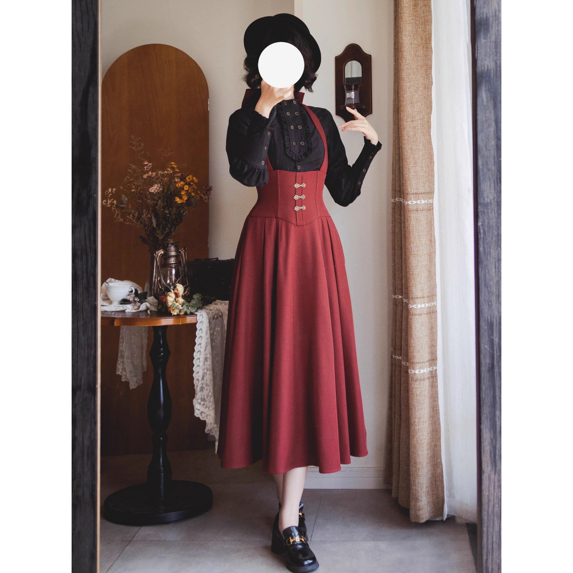 英国のお嬢様のスタンドカラーブラウス - Black