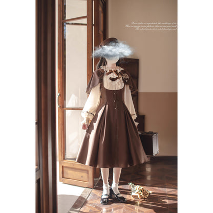 英国令嬢のクラシカルドッキングワンピースとケープ - Brown