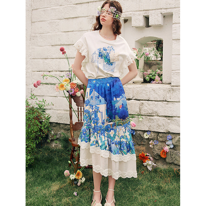 アイリスのある花瓶のレースTシャツ