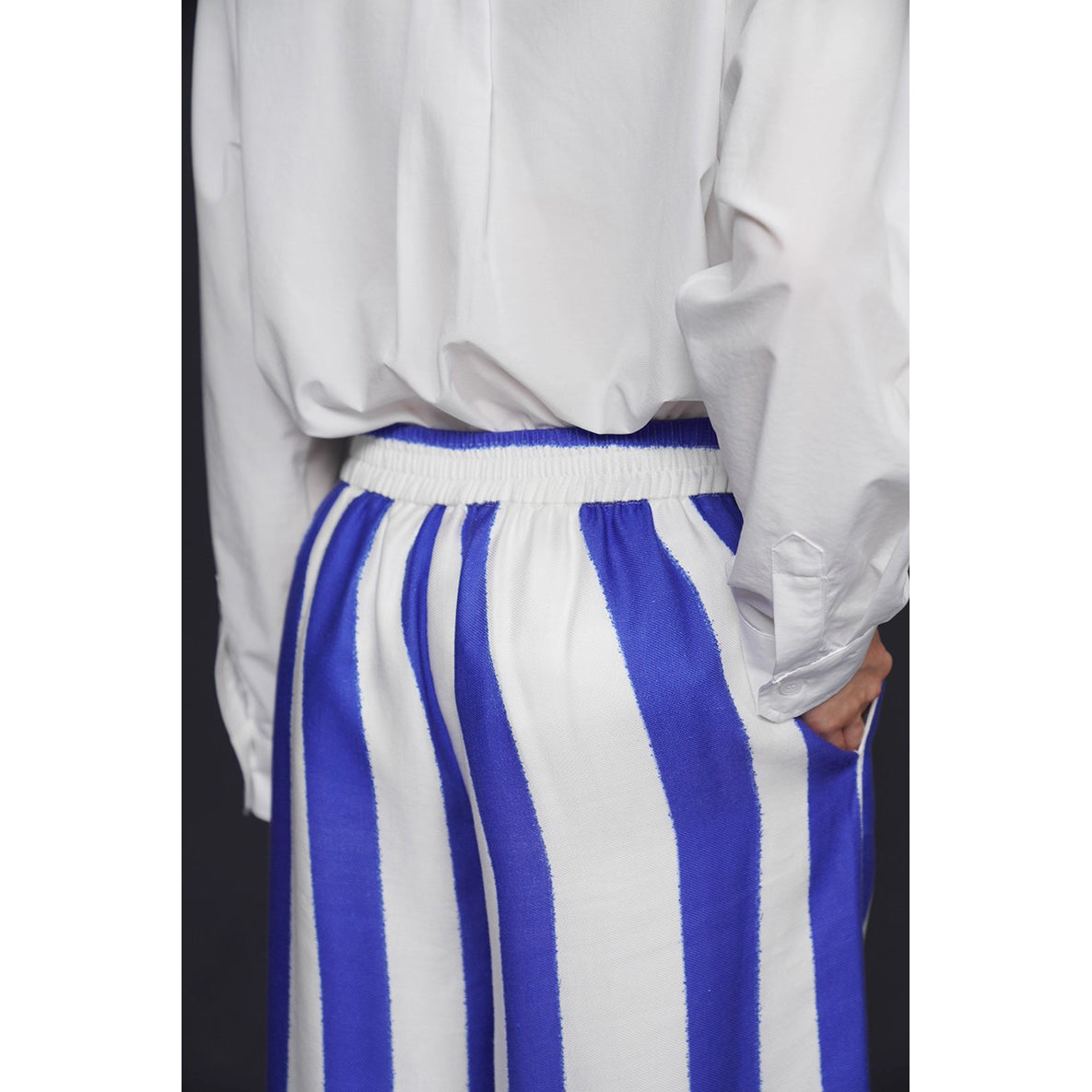 青紫の縦縞ストライプワイドパンツ