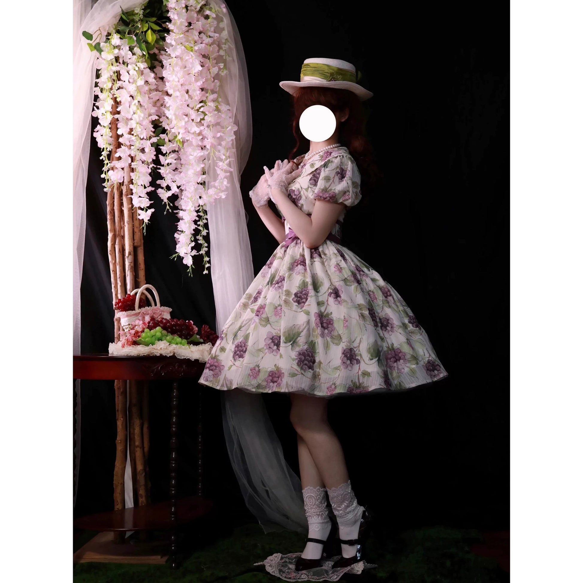 紫葡萄の水彩画コルセットワンピース - Ivory