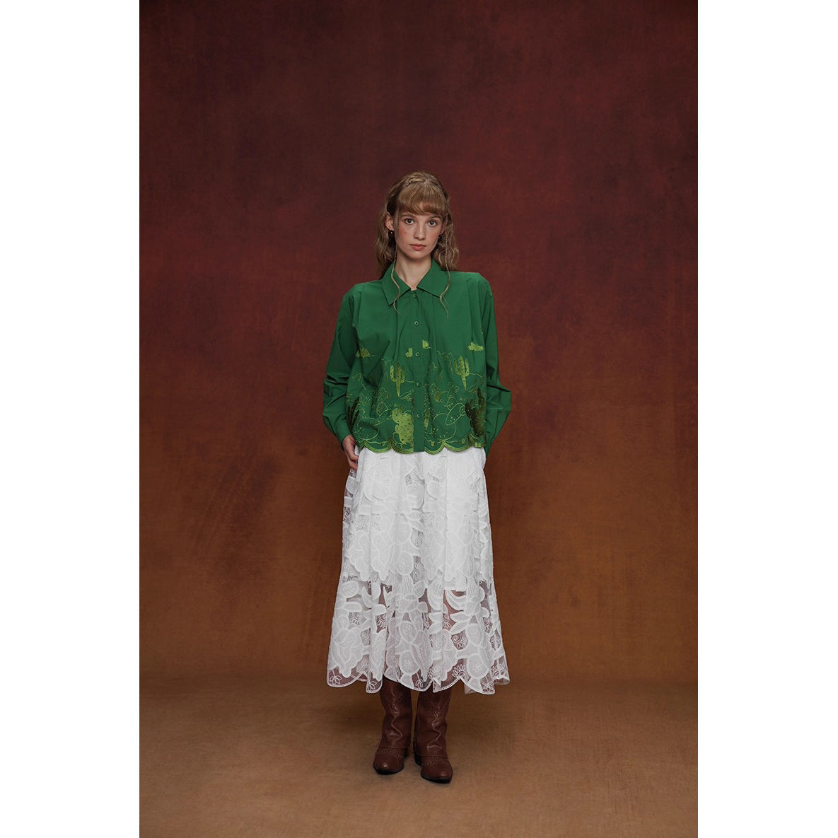 サボテンの刺繍ブラウスとスカート - Green