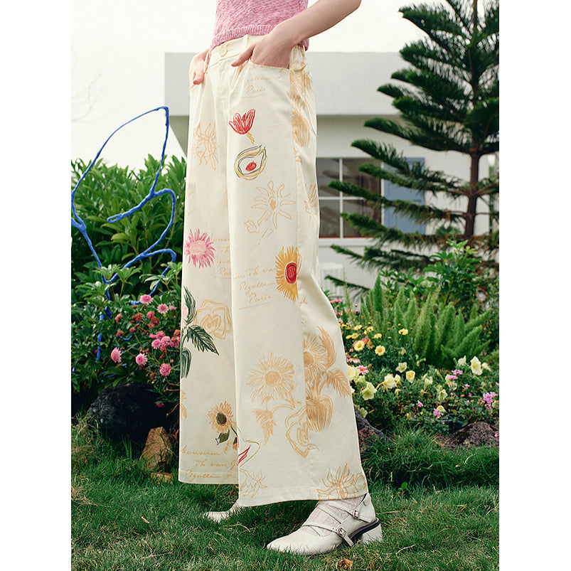 向日葵の花の描画ワイドパンツ