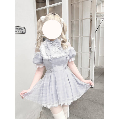 灰藍の天使の刺繍フリルワンピース