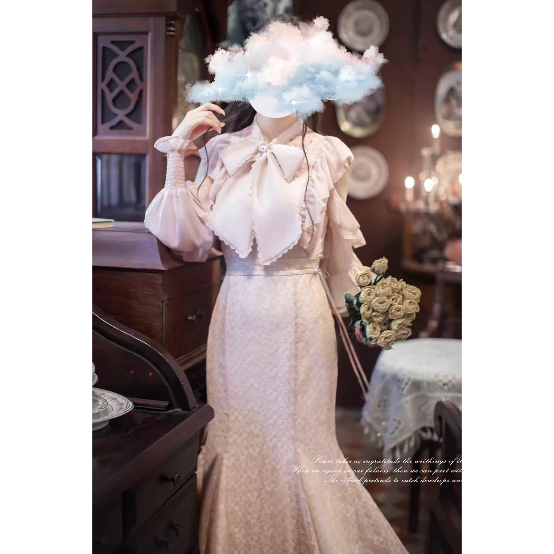 薄桜の令嬢のリボンブラウスとマーメイドスカート