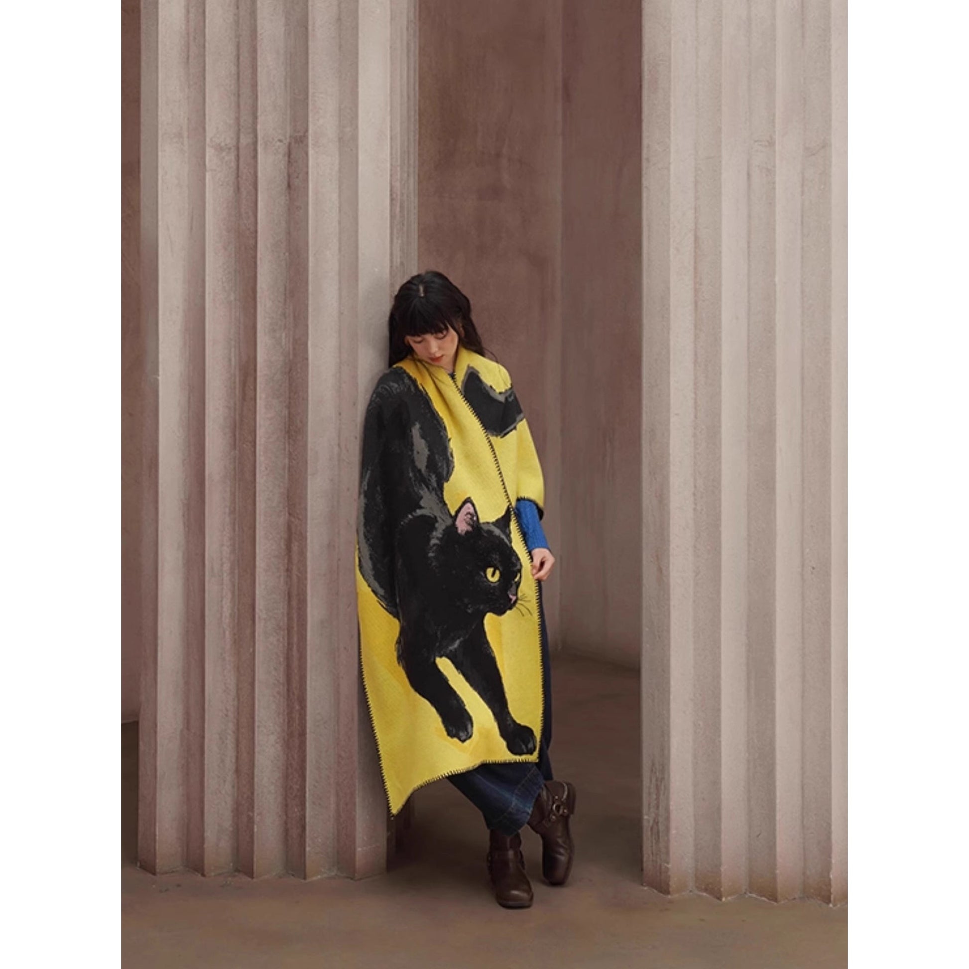 黒猫の挿絵ニットストール