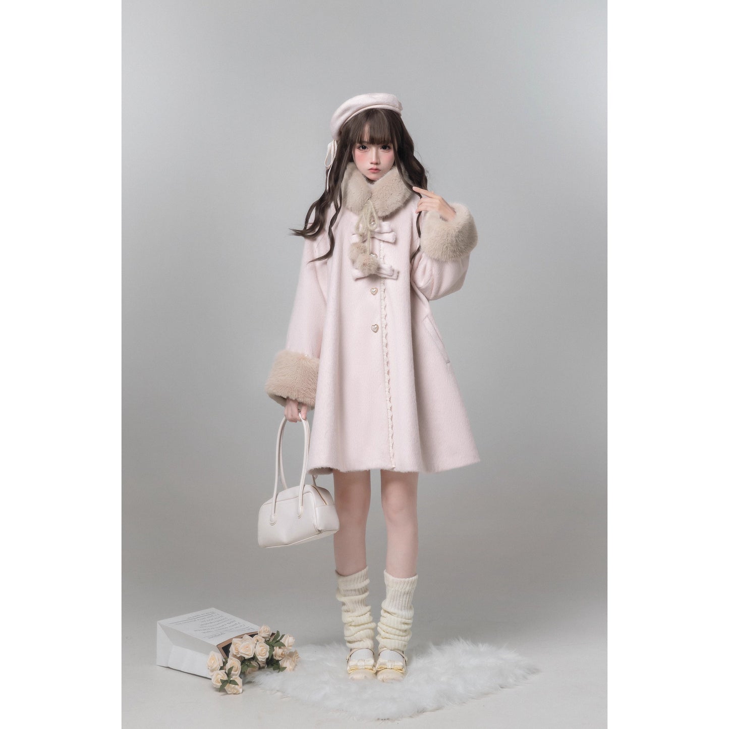 桜色のお嬢様のリボンファーウールコート