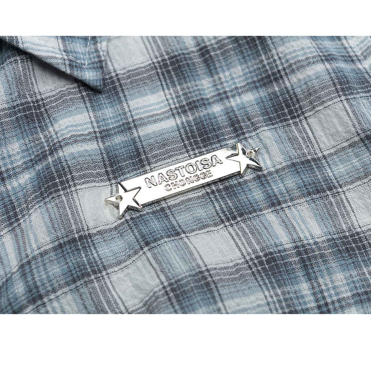 灰藍格子柄のフリルショートシャツ