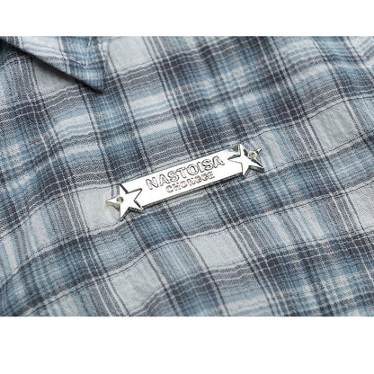 灰藍格子柄のフリルショートシャツ