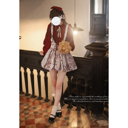 帆船と羅針盤の線画ストラップバルーンスカートとブラウス - Wine Red