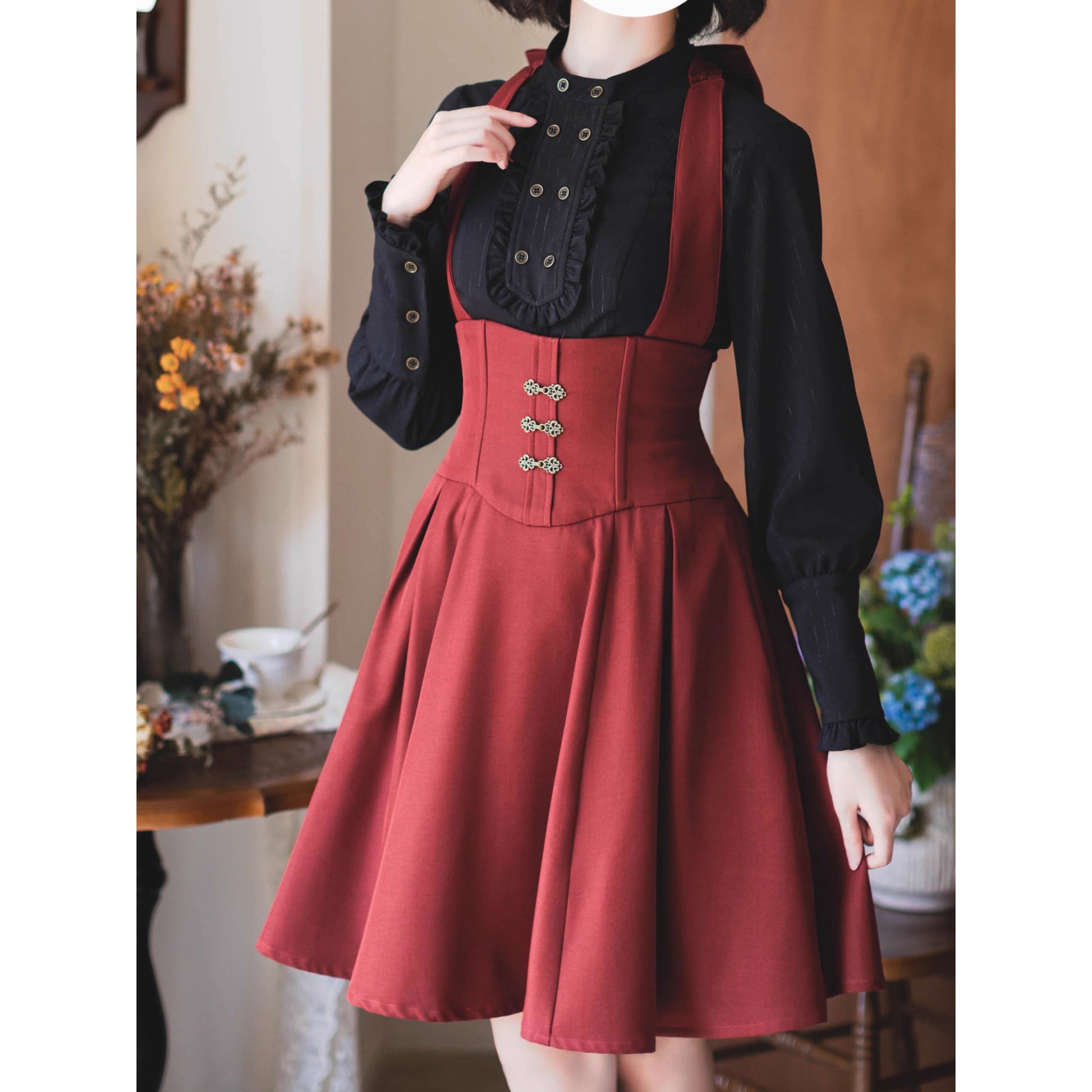 英国のお嬢様のスタンドカラーブラウス - Black