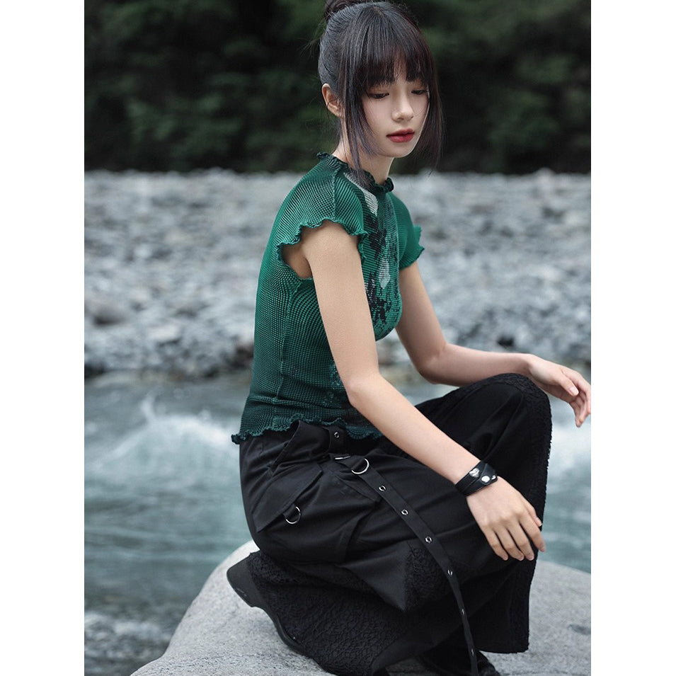 詩句と花絵画ハイネックトップス