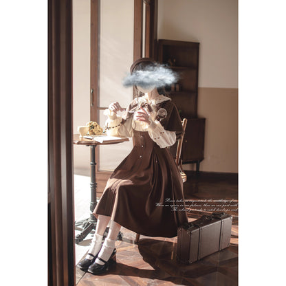 英国令嬢のクラシカルドッキングワンピースとケープ - Brown