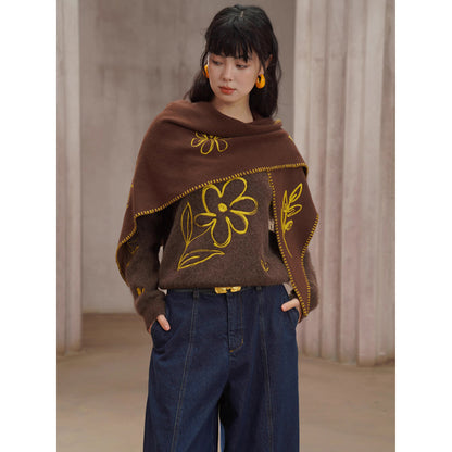 植物の刺繍ウールマフラー