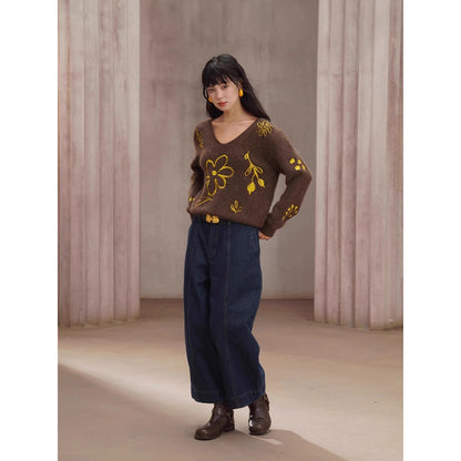 植物の刺繍ニットセーター