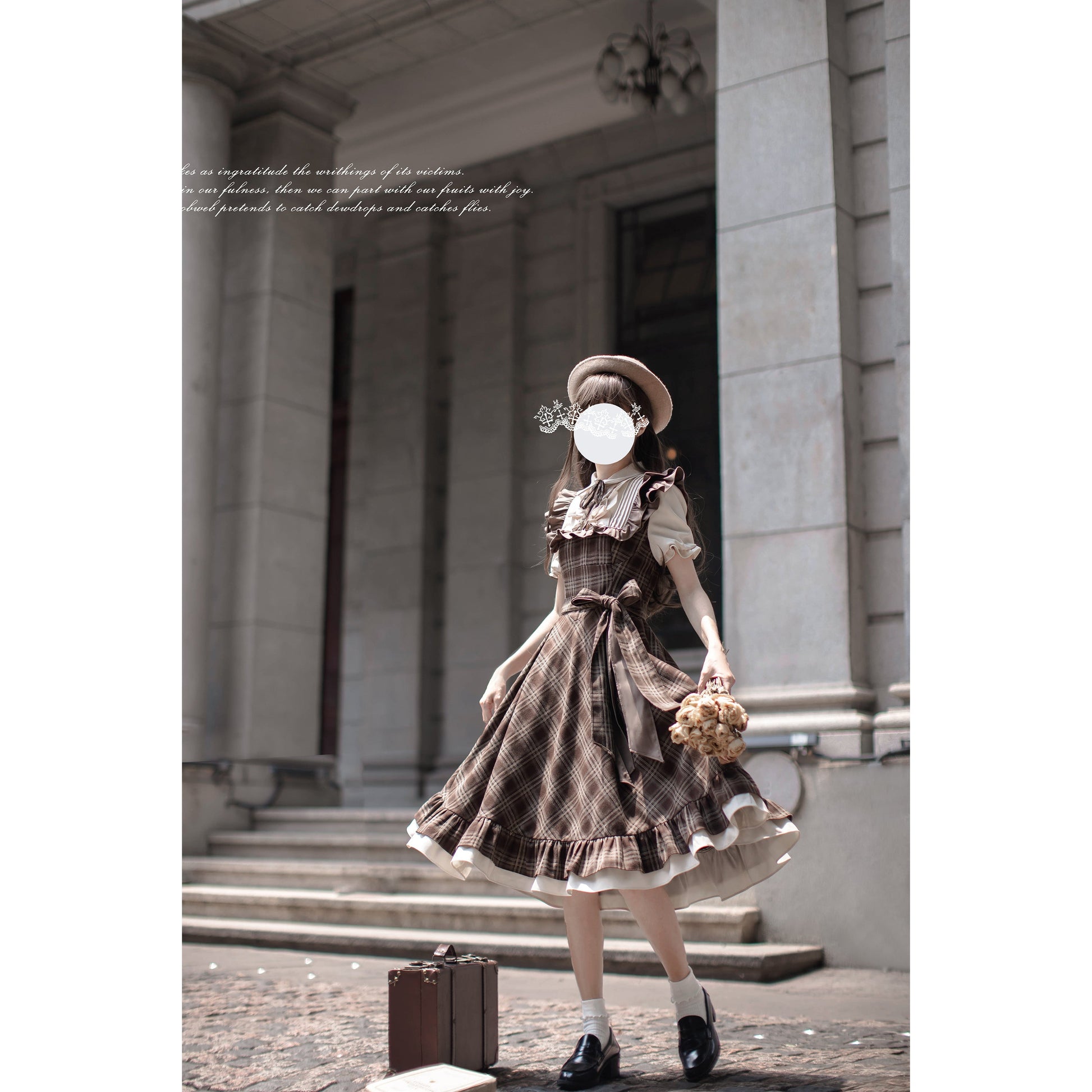 英国格子柄の文学レトロワンピース