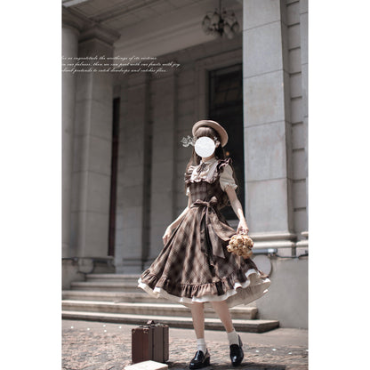 英国格子柄の文学レトロワンピース