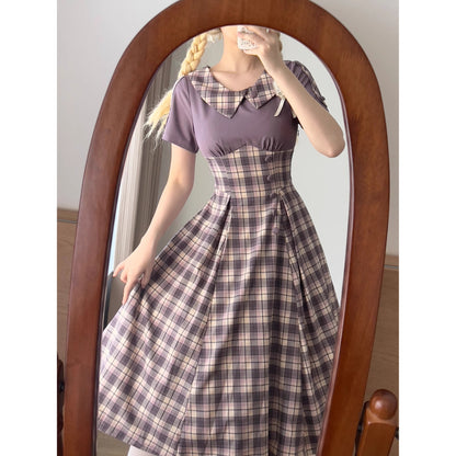 英国令嬢のレトロチェックワンピース - Light Purple