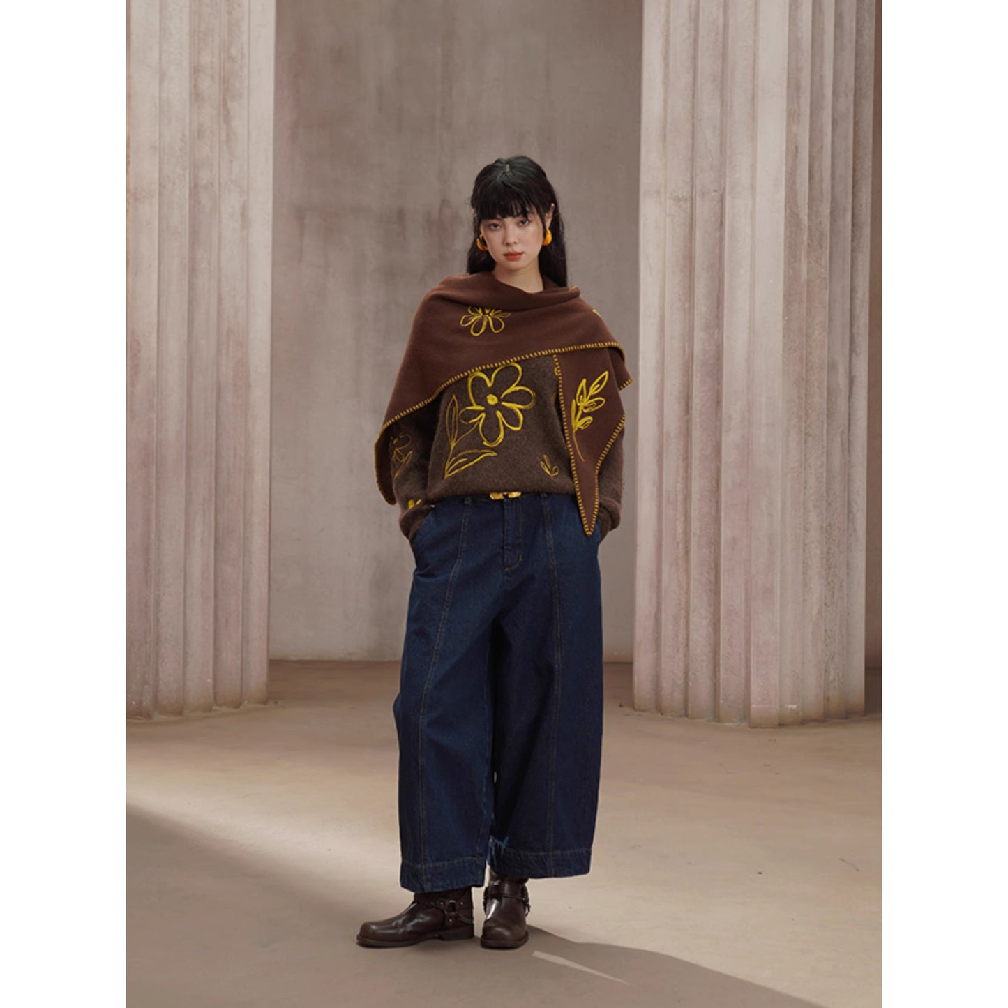 植物の刺繍ウールマフラー