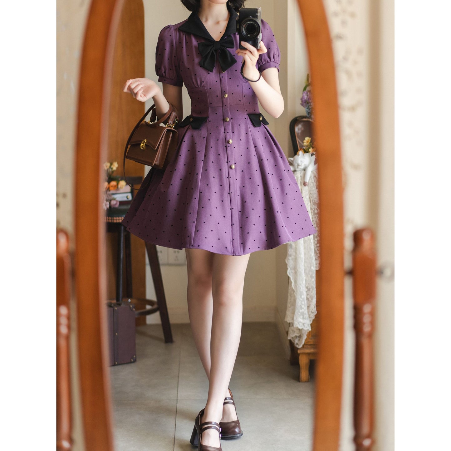 映画女優の水玉柄クラシカルワンピース - Deep Purple