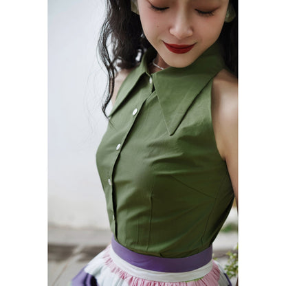 緑青色の貴婦人ノースリーブシャツ