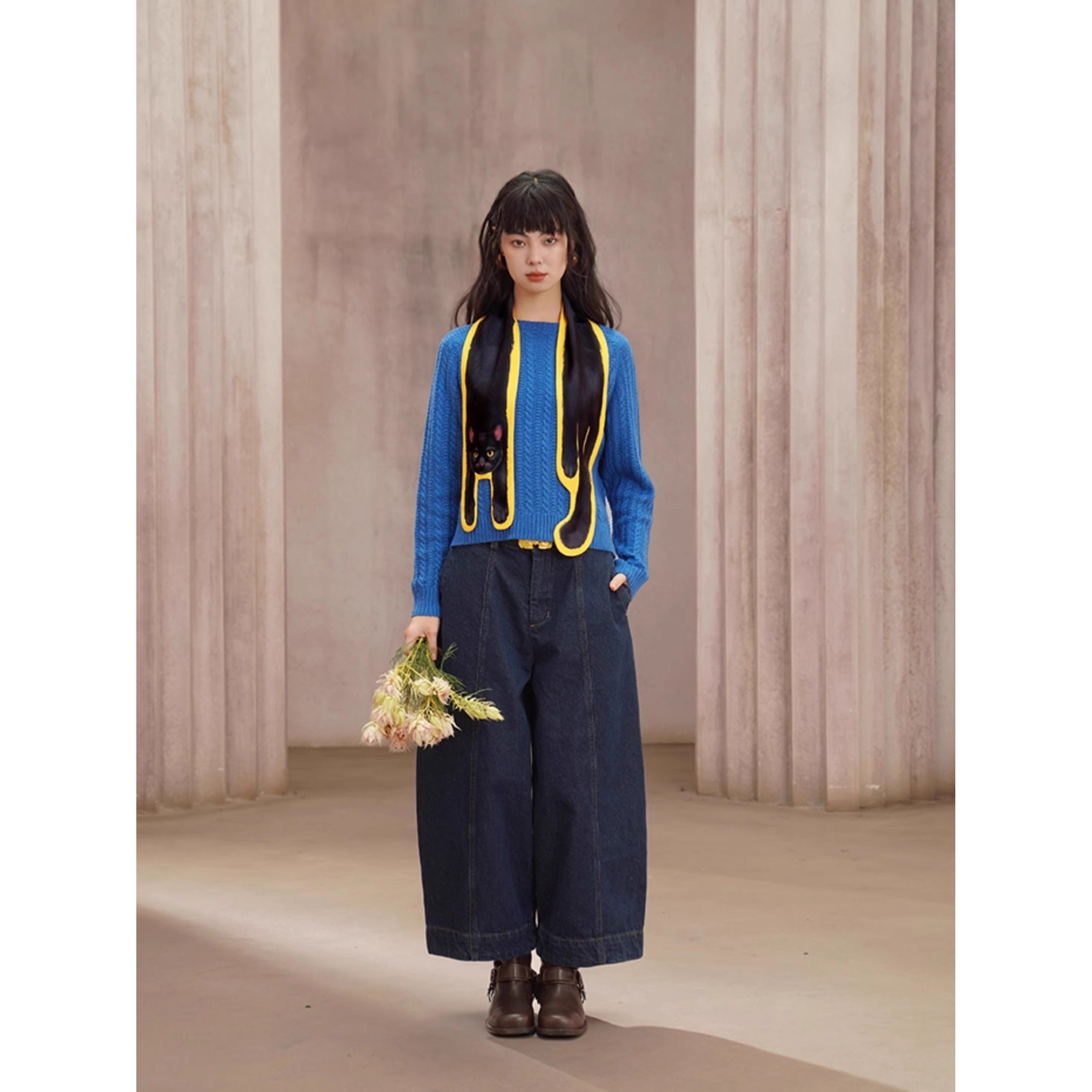 Navy blue cropped wide denim pants – remulia