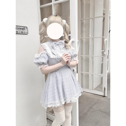 灰藍の天使の刺繍フリルワンピース