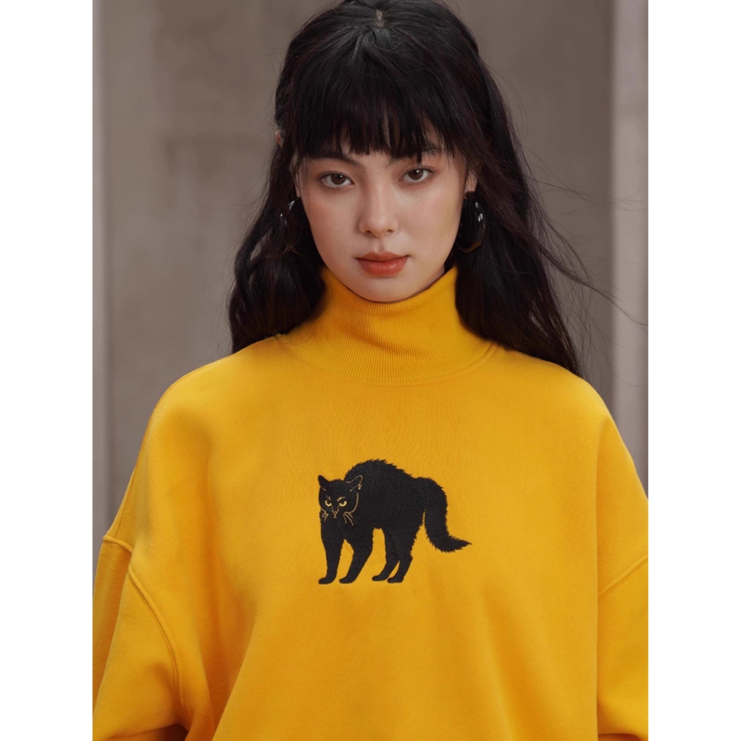 黒猫の刺繍ハイネックスウェット
