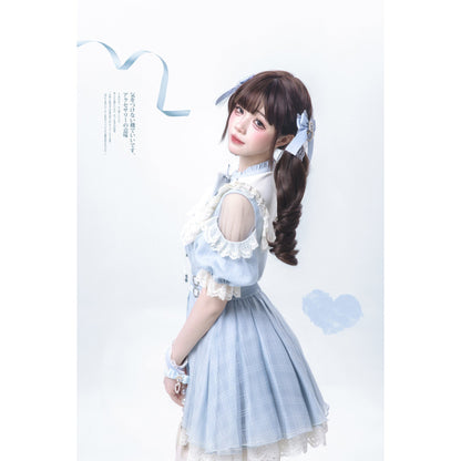 水色の天使の刺繍フリルワンピース