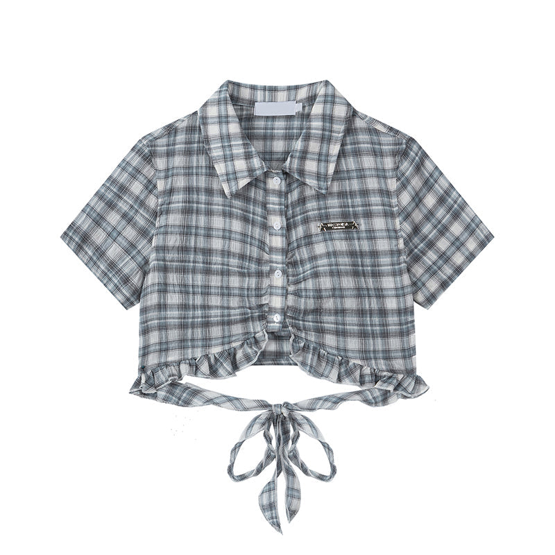 灰藍格子柄のフリルショートシャツ